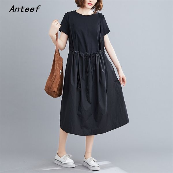 

short sleeve plus size black cotton strap dresses for women casual loose long summer t shirt dress elegant clothes sundress 210517, Black;gray
