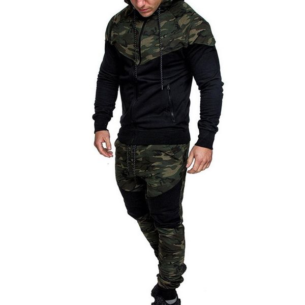 

men's jackets tracksuits 2 piece sets camouflage suits patchwork hiphop suit long sleeve zipper hooded dsbo, Black;brown
