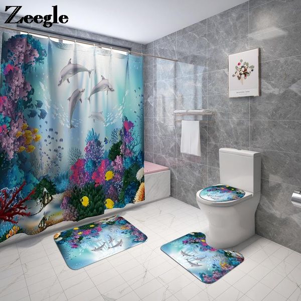 

bath mats sea world print bathroom carpet toilet seat cover anti slip absorbent foot rug shower curtain mat set 4pcs