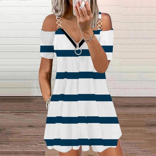 

casual dresses cold shoulder striped print dress women's fashion v-neck short sleeve zipper mini vestiti donna estate #g3, Black;gray