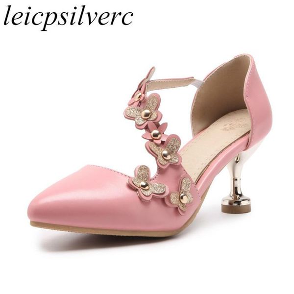 

dress shoes women's sandals summer spring med heels pointed toe bling flower 2021 fashion pu white pink beige big size 34-45, Black