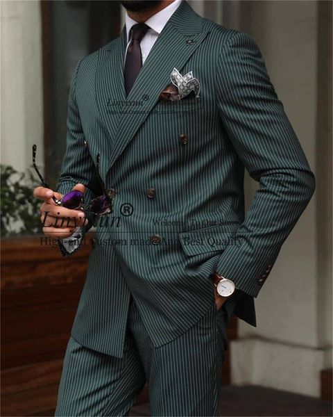

men's suits & blazers green pinstripe men 2 pieces jacket pants set wedding tuxedos for groom slim fit double breasted business male pr, White;black