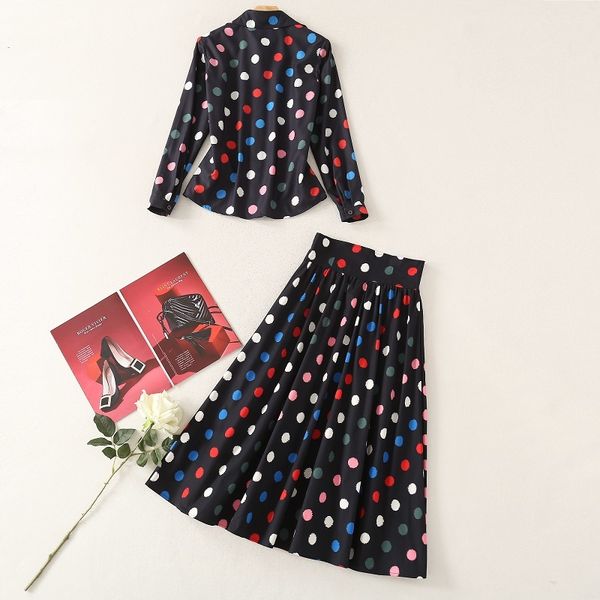 

skirt spring summer & sets women polka dot print shirt+large swing long skirt set 2 piece suits, White
