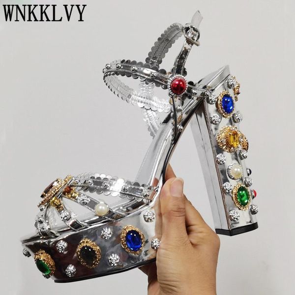 

luxury diamond metallic leather platform sandals women chunky super high heel rhinestone sandalias summer party shoes 2021, Black