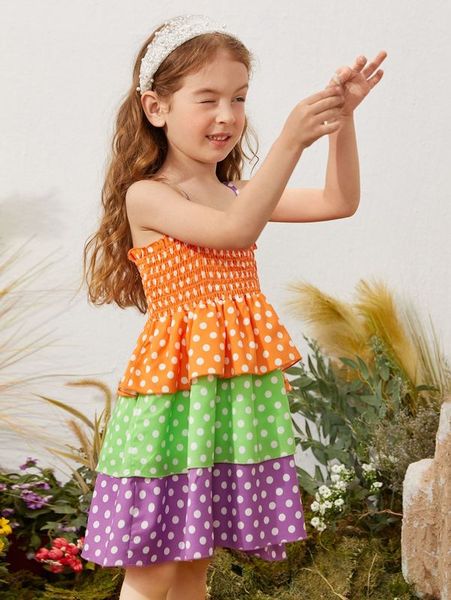 

toddler girls polka dot color-block shirred layered cami dress she, Red;yellow