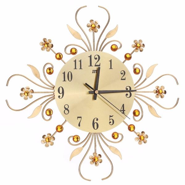 

wall clocks luxury modern metal clock flower diamond rhinestone silent watch room home office decor black/gold c42
