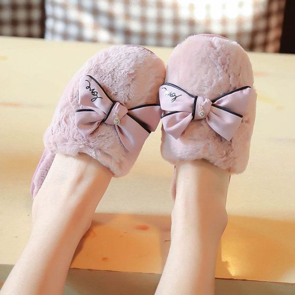 

women's bow tie cotton slippers baotou high end plush shoes female winter wool flat, Black