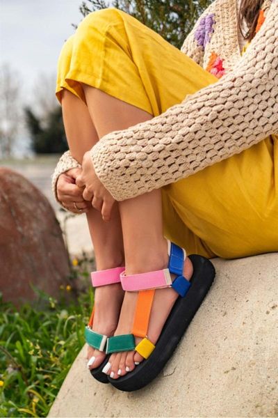 

sandals women's green orange powder black flat bottom women 's