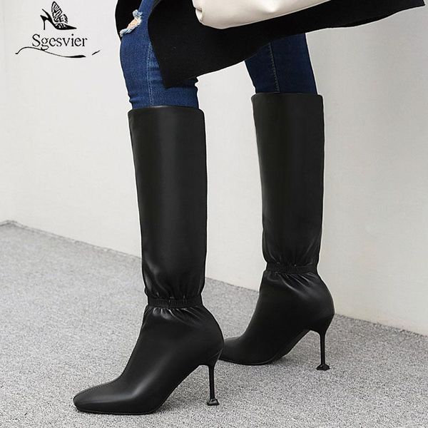 

boots sgesvier 2021 fashion party wedding shoes women knee high thin heels autumn winter long woman big size, Black