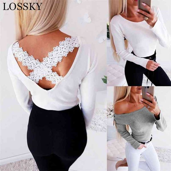 

autumn winter gray white bodycon t shirt long sleeve backless flower lace patchwork slim female knitted women's t-shirt 210507, Black