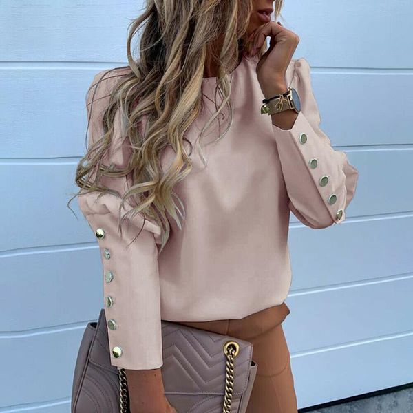 

women's blouses & shirts long puff sleeve women blouse office lady autumn metal buttoned detail fashion female solid shirt plus size, White