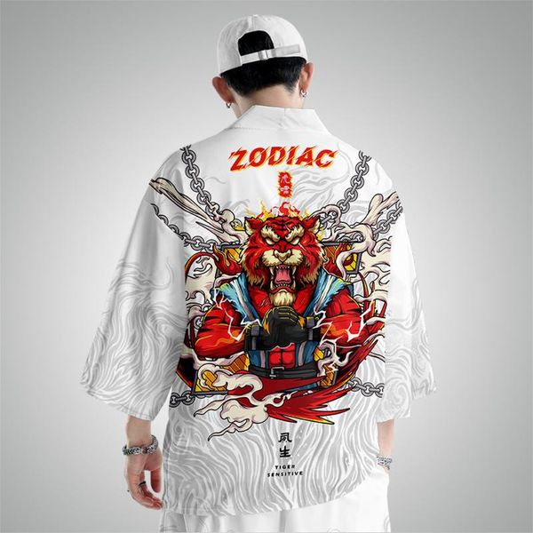 

ethnic clothing tiger warrior printed japanese street samurai harajuku kimono suit cardigan women men cosplay yukata pants set oversize, Red