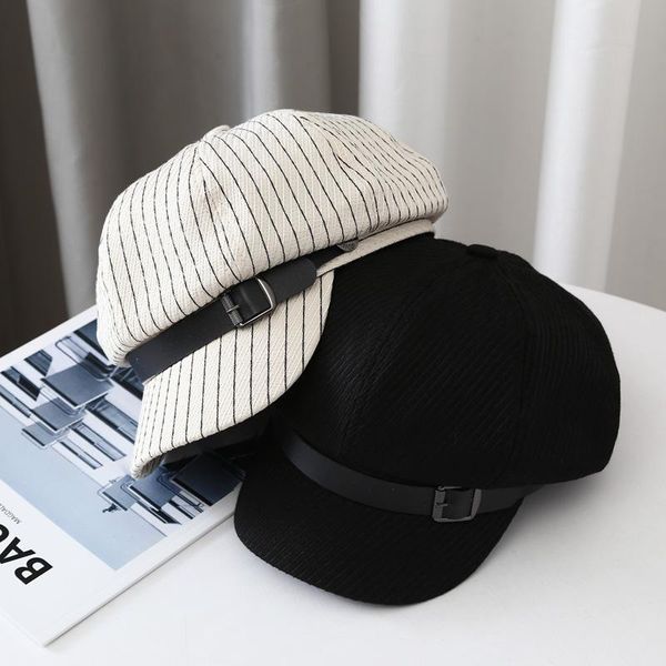 

spring and autumn all-match soft solid color striped octagonal hat ladies casual japanese sun-shading artist stingy brim hats, Blue;gray