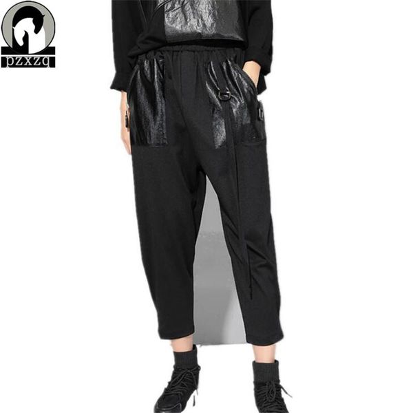 

women's pants & capris summer thin 2021 design pu stitching pocket harem loose casual elastic waist trousers women printed ankle length, Black;white