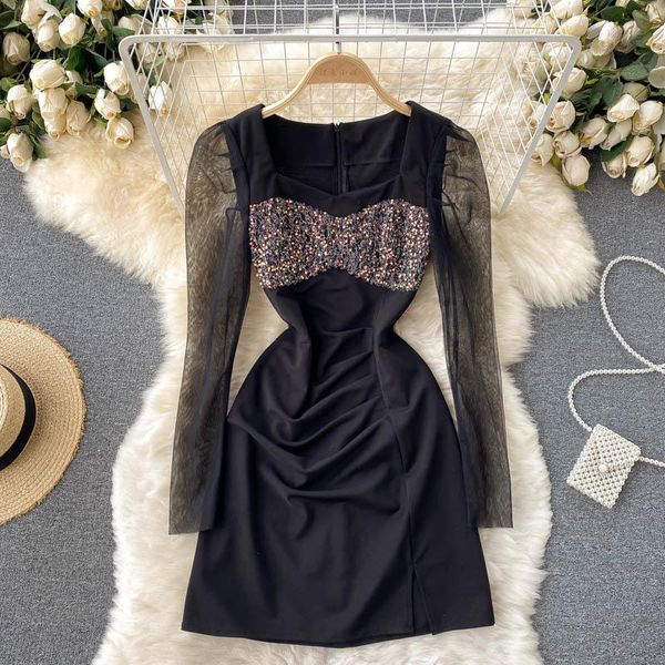 

casual dresses sequins patchwork mini party dress women elegant black see through mesh long sleeve square collar slim vintage club vest, Black;gray