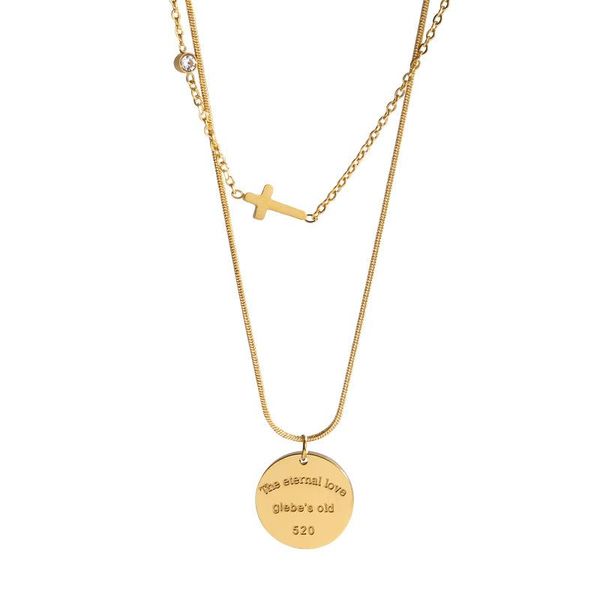 

chains letter round necklace ladies retro net red style temperament double-layer titanium steel clavicle chain cross accessories, Silver