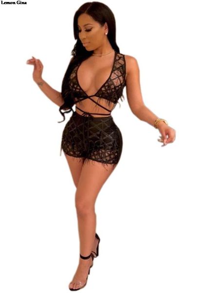 

lemon gina women sequins tassel sleeveless gauze crop shorts suits two piece set bodycon outfits 3 colors lgcy8050 women's pants, White