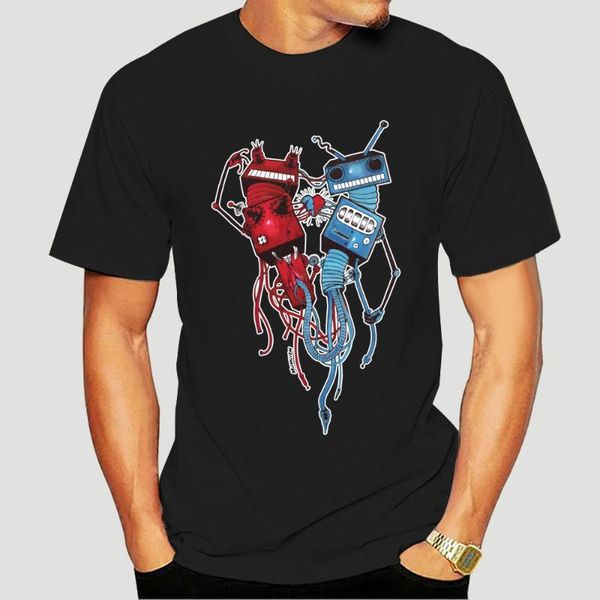 

men's t-shirts mens white t-shirt with crazy rusty robots connected from the heart design gym tee shirt 8198d, White;black