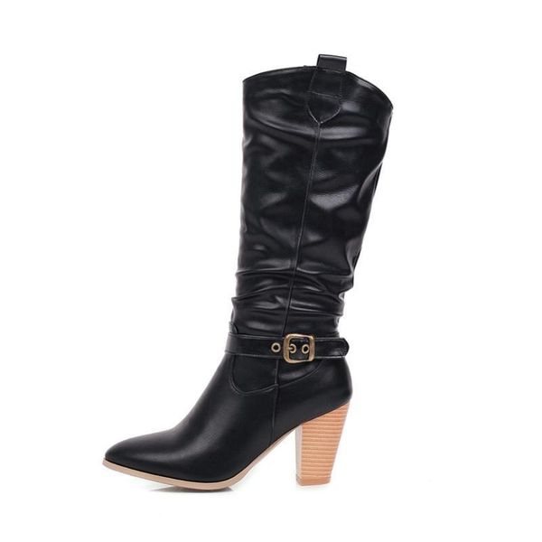 

boots meotina winter knee high women buckle thick heel western pleated pointed toe shoes ladies autumn plus size 4-121 ipd8, Black