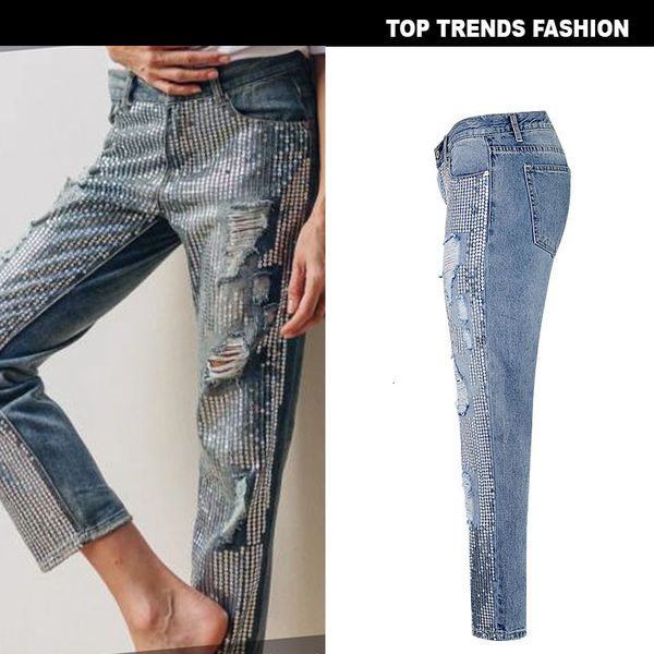 

vintage sequins mom boyfriend ripped for women skinny jeans woman high wais denim loose large sizes female, Blue