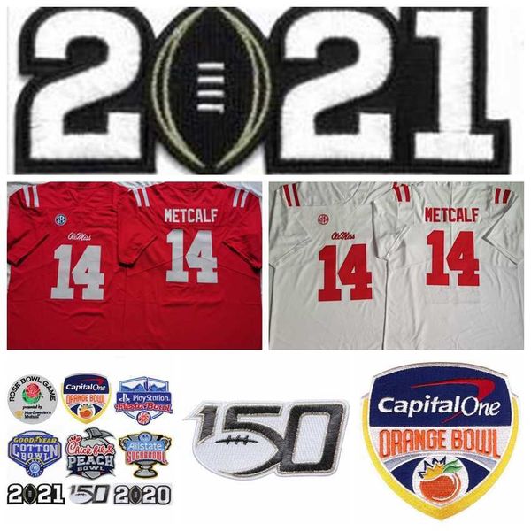 NCAA Football College 14 DK Metcalf Ole Miss Rebels Jersey University Home Rosso Away Bianco Tutto cucito per gli appassionati di sport 150esimo 2021 Cotone Arancione Pesca Rose Bowl Patch