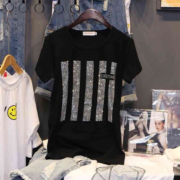 

short sleeve t-shirt women summer clothes new fashion drilling printing loose cotton bottoming shirt pullovers female 210401, White