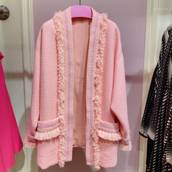 

quality women luxury tassel wool coat outerwear ladies pink loose jacket cardigans gndz 1.18 women's jackets, Black;brown