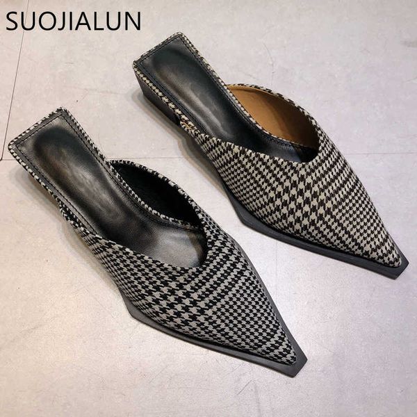 

suojialun women brand slipper fashion houndstooth pattern sandal shoes elegant square low heel shallow slip on mules s 210630, Black