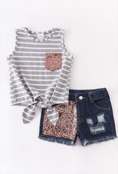 

summer baby girls sleeveless clothes ruffles boutique grey stripe tie knot sequins jeans shorts set outfits, White