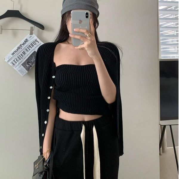 

women's knits & tees 2 pcs set 2021 spring autumn korean style knittd sweater cardigan womens outwear coats+tank women clothing (n0282, White