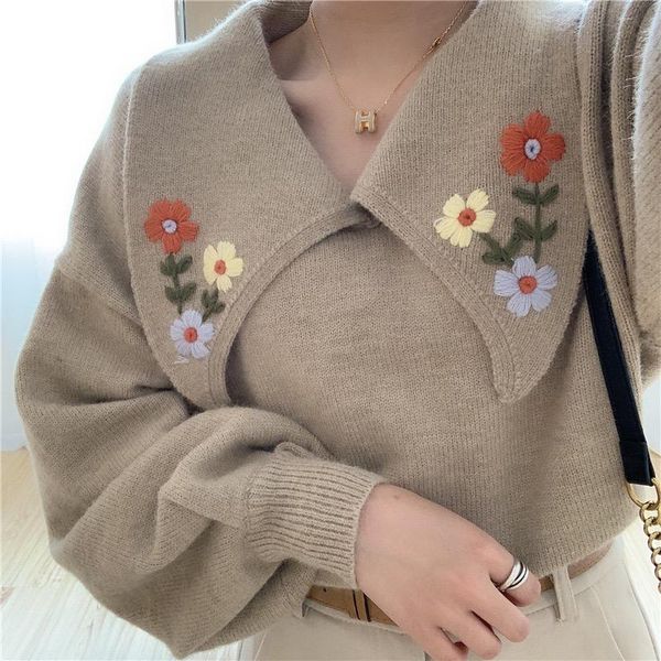 

women's sweaters women lapel v neck loose thick sweater flower embroidery print chic knitted pullover casual sweet cute lantern sleeve, White;black