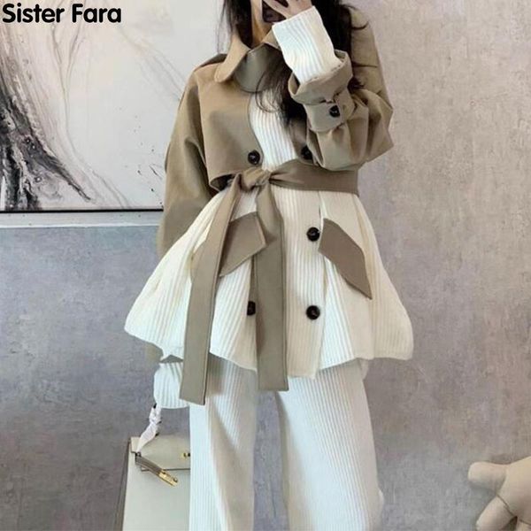 

women's jackets sister fara spring 2021 knitting patchwork jacket coat women double breasted elegant office lady loose casual, Black;brown
