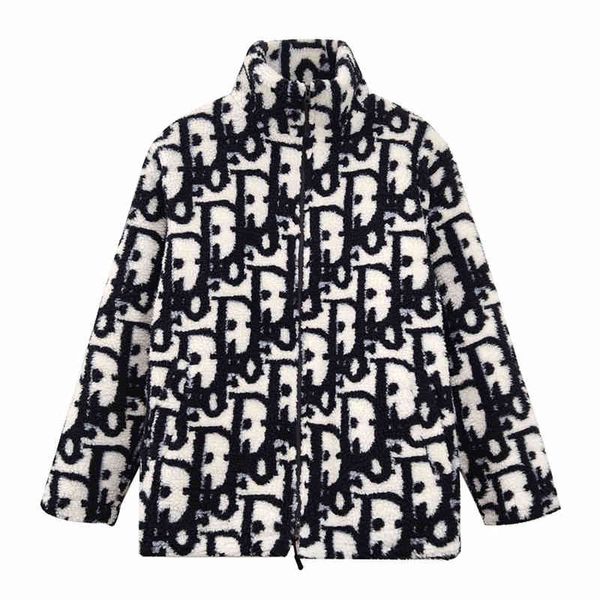 

selling 22ss d ior autumn and winter new couple's letter all over printed lamb wool leisure st collar coat men's women's same, Black