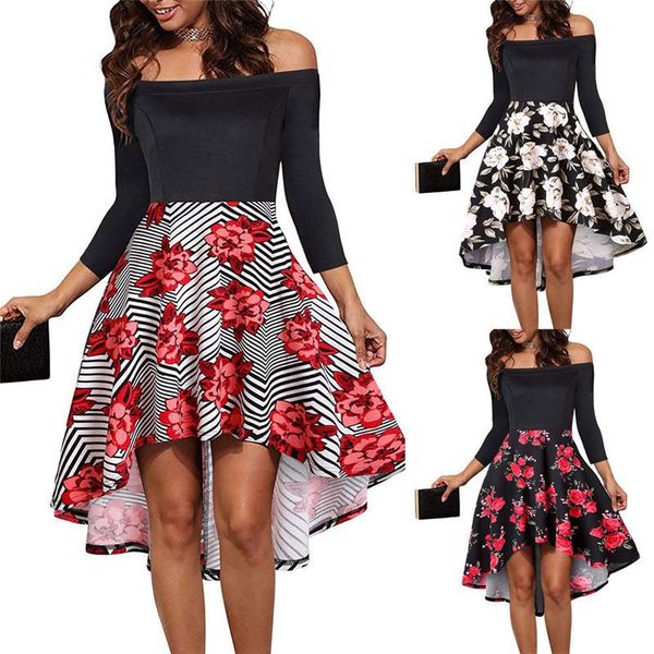 

casual dresses est off shoulder holiday skater dress women floral print patchwork slim irregular boho vestidos 2021 drop 2xl, Black;gray