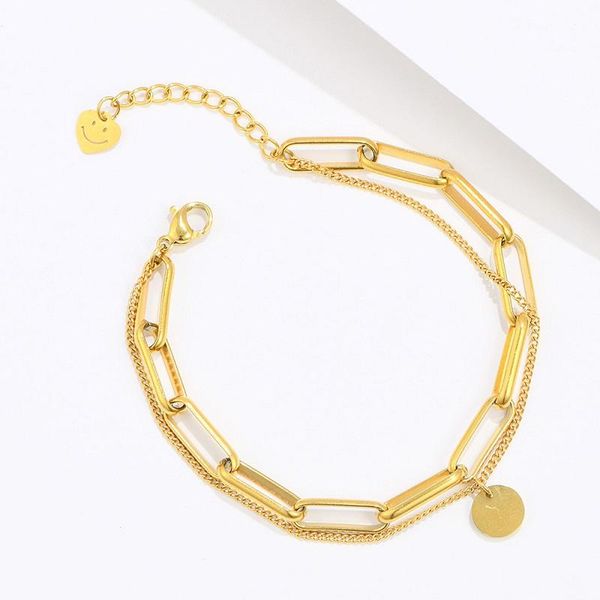 

link, chain trend double layer paper clip link gold stainless steel slime pendant bracelet for women minimalist jewelry, Black
