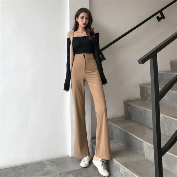 

spring casual solid straight button women pants slim wide leg vintage korean style, Black;white