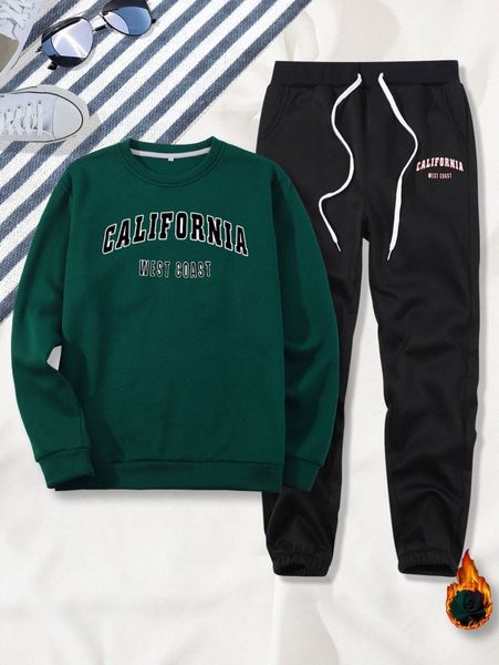 

men letter graphic thermal pullover & drawstring waist sweatpants i6vq#, Gray