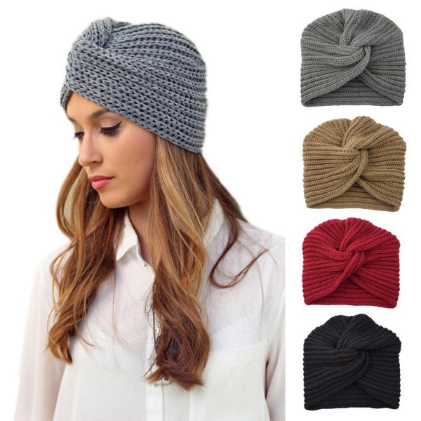 

beanie/skull caps solid knitted knot cross beanie for women autumn winter girls hair accessories turban headwear elastic female hats skullie, Blue;gray