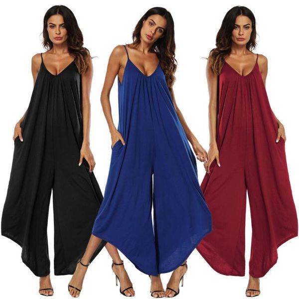 

women's jumpsuits & rompers summer long jumpsuit ladies v-neck sling backless wide-leg pants beach party solid color wear, Black;white