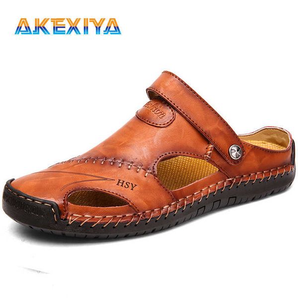 

brand men's sandals summer genuine leather men's shoes soft comfortable outdoor male beach slippers slip-on men's sandals 210, Black