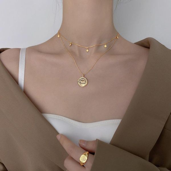 

titanium steel double-layer necklace female golden trendy retro round brand clavicle chain cold wind hip hop pendant necklaces, Silver