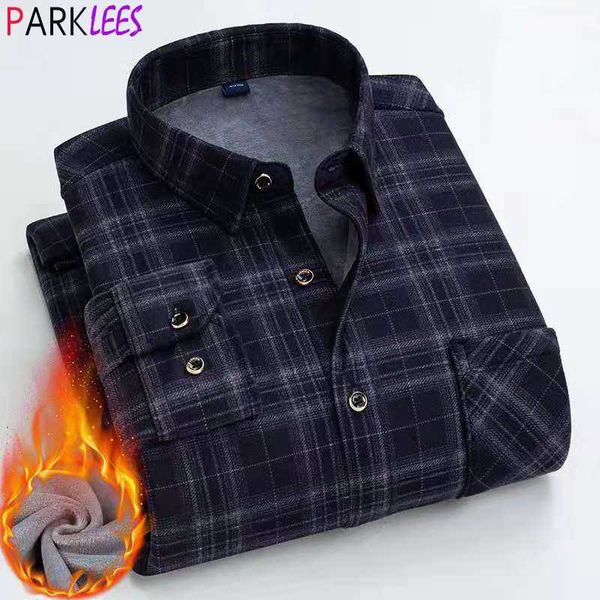 

men's casual shirts classic winter plaid flannel thicken warm shirt fleece lined long sleeve check men business office wear 9xl, White;black