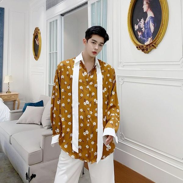 

men's casual shirts men bow long sleeve streetwear shirt cargo vintage fashion printing stage show dress oversized blouse, White;black