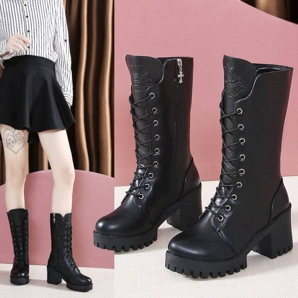 

boots female boots with half a calf and casual high heels platform, shoelace, zipper for autumn winter cg4g, Black