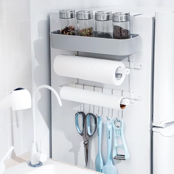 

multifunctional kitchen refrigerator storage rack three layer wrought iron organizer shelf cling film tissue holder & organization