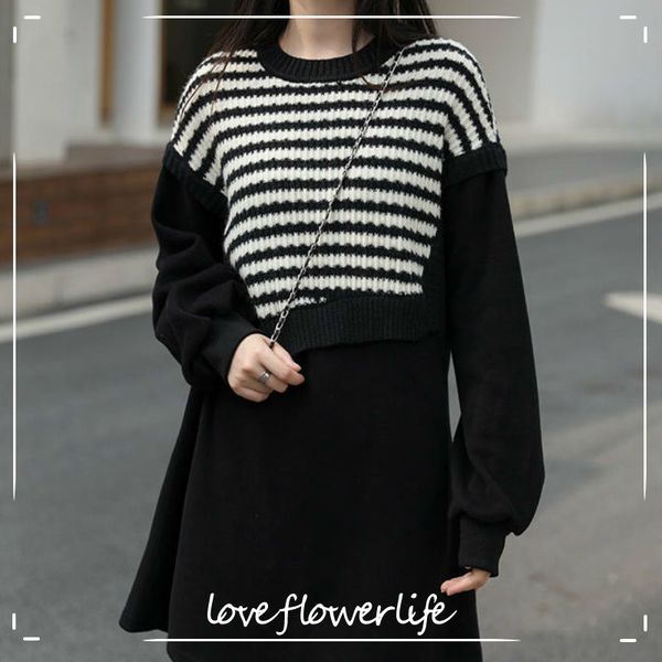 

striped knit dress women casual long sleeve loose sweater mini dress female spring dress korean winter kawaii 210521, Black;gray