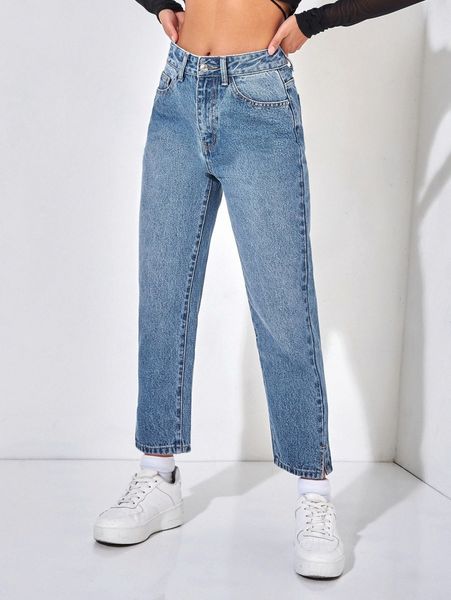 

petite zipper fly split hem tapered jeans p8qt#, Blue