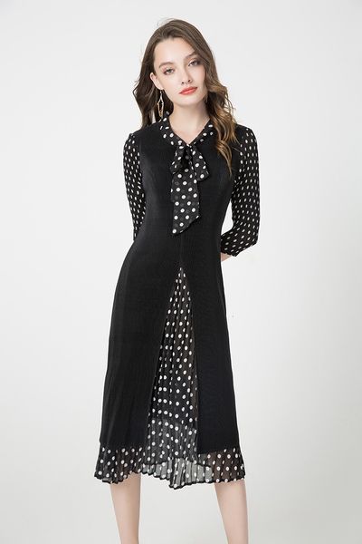 

dress miyake fold of dot patchwork three quarter v-neck bow, Black;gray