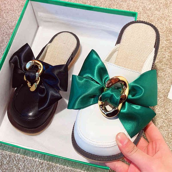 

slippers flat leather sandals, women's slippers with bow ties. mfsz, Black