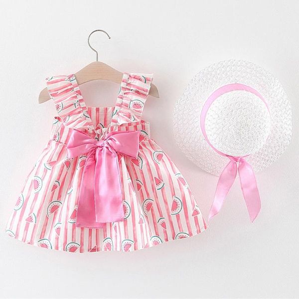 

2pcs set baby girls dress summer sundress strap ruched bow watermelon princess clothes hat beach wear suit vestidos 2021 girl's dresses, Red;yellow